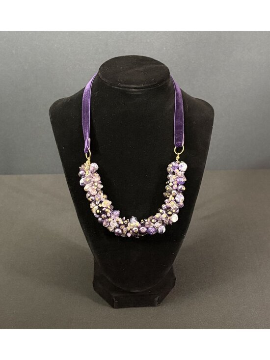 Jewelry - Amethyst Stone Necklace Faux Pearls Beaded Cluster Purple Velvet Handcrafted